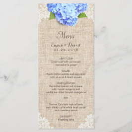Rustic Blue Hydrangea Lace & Burlap Wedding Menu Menükarte