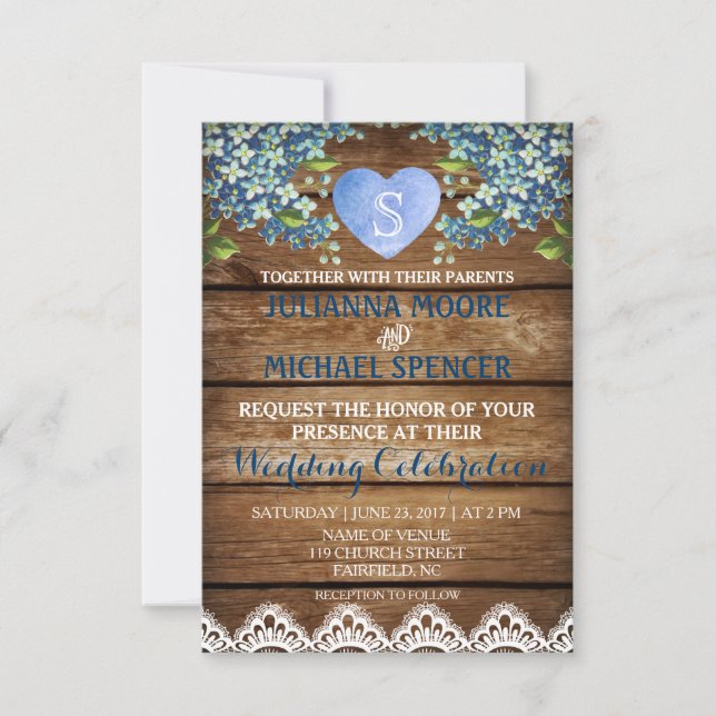 Rustic Blue Hydrangea & Lace Wedding Einladung (Vorderseite)