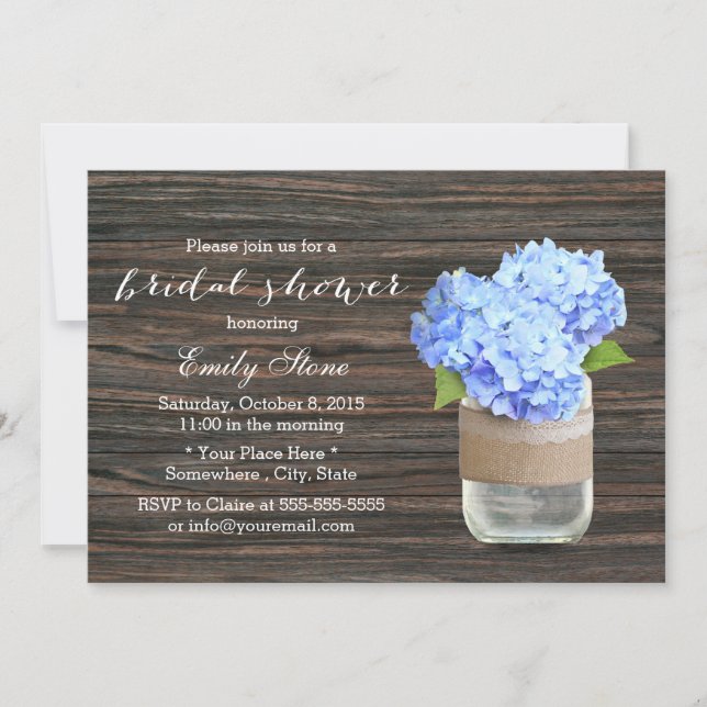 Rustic Blue Hydrangea Mason Jar Brautparty Einladung (Vorderseite)