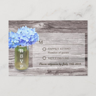 Rustic Blue Hydrangea Mason Jar Wedding RSVP Karte