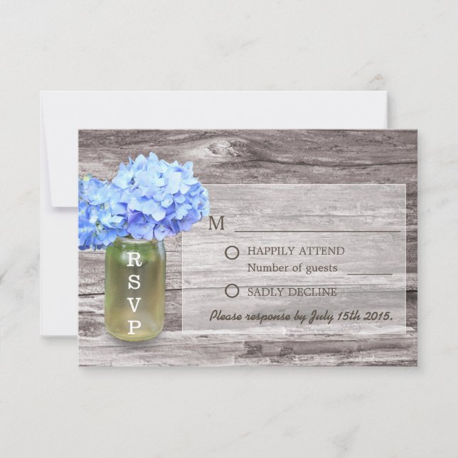 Rustic Blue Hydrangea Mason Jar Wedding RSVP Karte (Vorderseite)