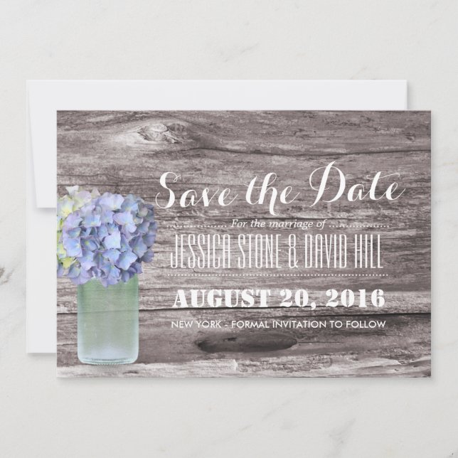 Rustic Blue Hydrangea Mason Jar Wood Save the Date (Vorderseite)