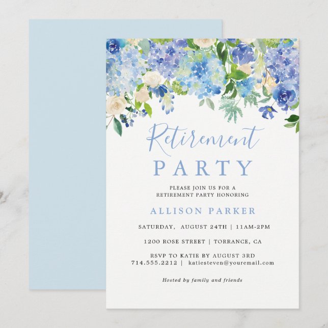 Rustic Blue Hydrangea Retirement Party Einladung (Vorne/Hinten)