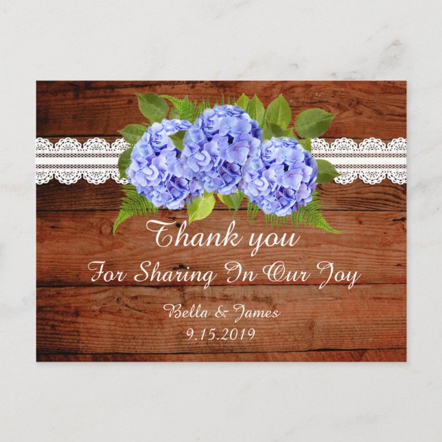 Rustic Blue Hydrangea Wedding Danke Postcard Postkarte (Vorderseite)
