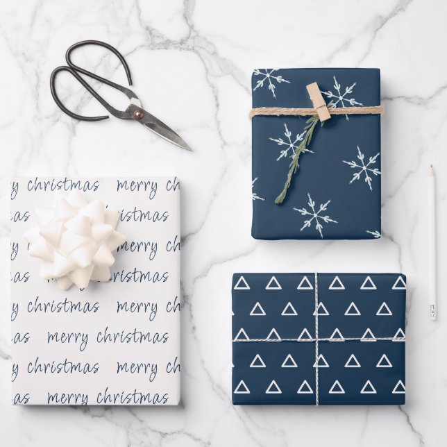 Rustic Blue Ivory Frohe Weihnachtsschneeflocke Geschenkpapier Set (Vorderseite)