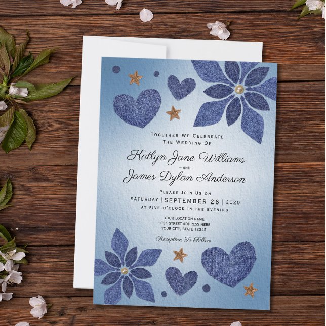 Rustic Blue Jean Denim Blume Country Wedding Einladung (Front Of Wedding Invitation)