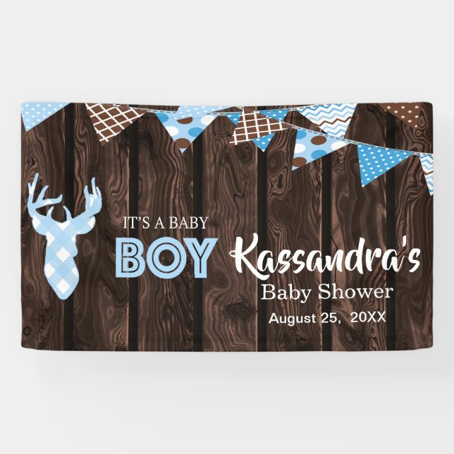 Rustic Blue Kariert Deer Baby Dusche Banner (Horizontal)