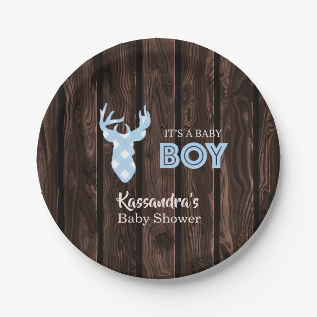 Rustic Blue Kariert Deer Baby Duschpapier Teller (Vorderseite)