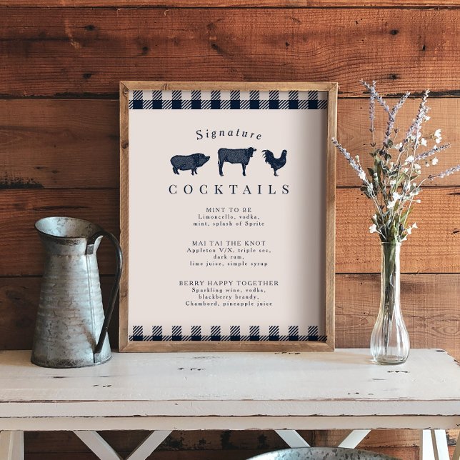 Rustic Blue Kariert Signature Wedding Cocktail Sig Poster (Von Creator hochgeladen)
