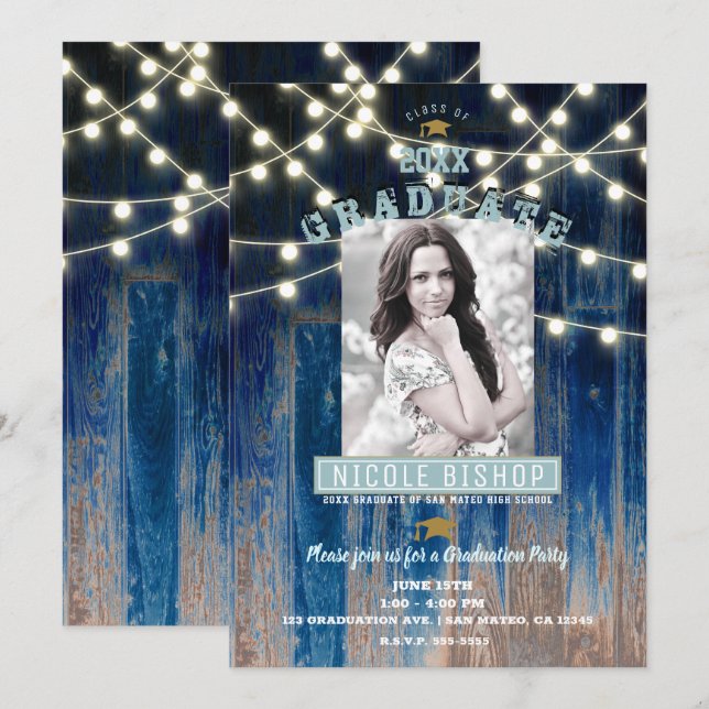 Rustic Blue Lights Moderne Foto Graduation Party Einladung (Vorne/Hinten)