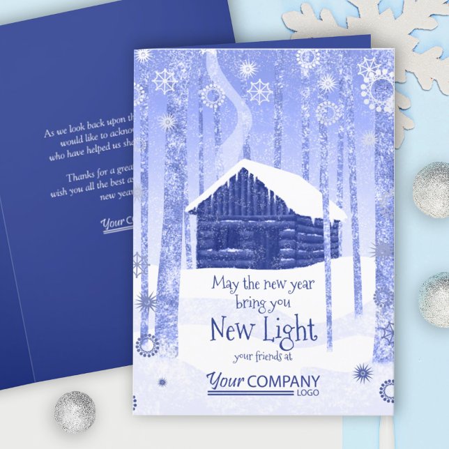 Rustic Blue Log Cabine Société Carte de vacances (blue logo company holiday greeting cards, blue Christmas cards, trees forest cabin in the snow)