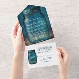Rustic Blue Mason Jar Country Wedding All In One Einladung