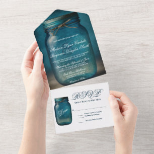 Rustic Blue Mason Jar Country Wedding All In One Einladung