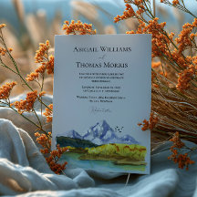 Rustic Blue Mountain Watercolor Wedding Invitation