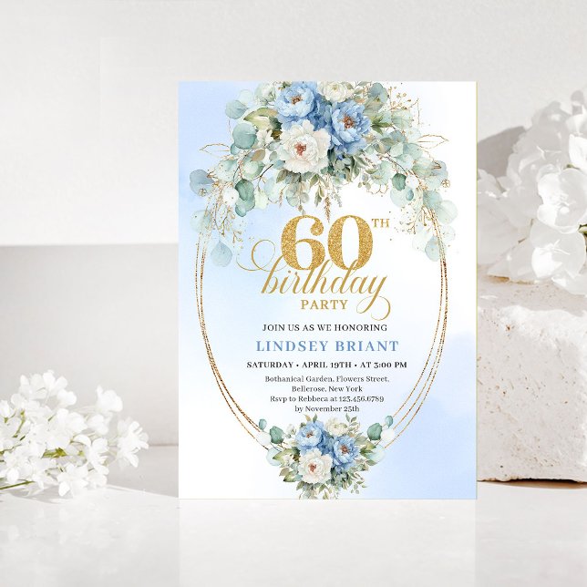 Rustic Blue Peony Gold 60th Birthday Invitation Einladung (Rustic Blue Peony Gold 60th Birthday Invitation)
