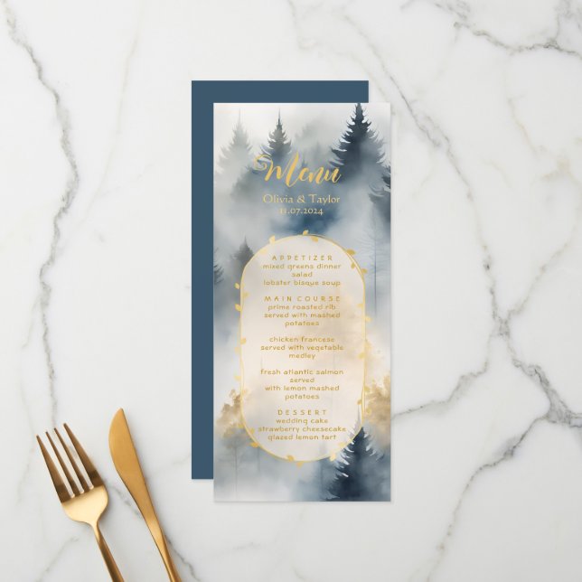 Rustic Blue Pine Trees Forest Menu Mariage (Devant/Arrière en situation)