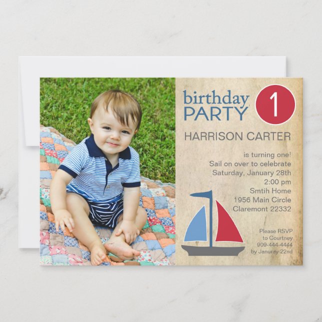 Rustic Blue Sail Boat Birthday Invitation (Devant)