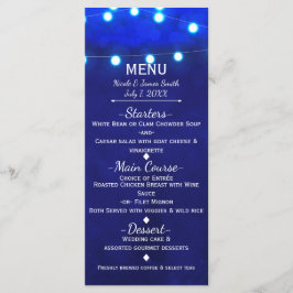 Rustic Blue String Lights Elegantes Hochzeitmenü Menükarte