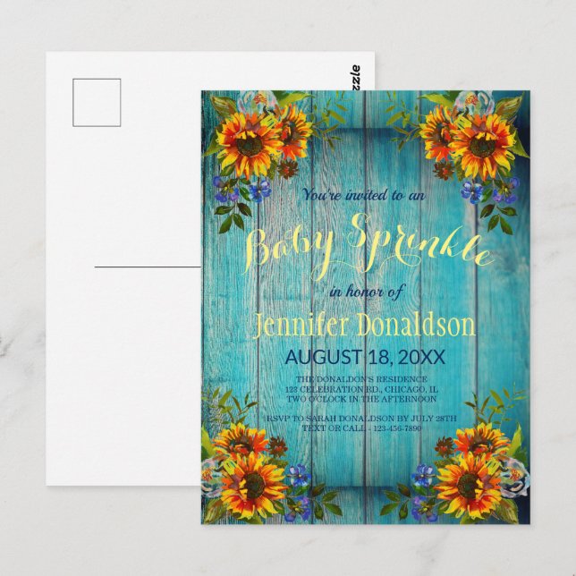 Rustic Blue Sunflower Baby Sprinkle Einladung Postkarte (Vorne/Hinten)