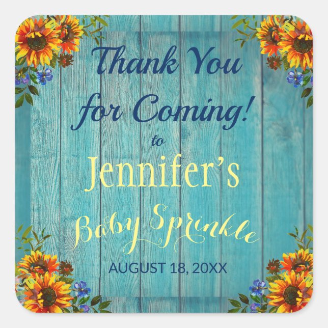 Rustic Blue Sunflower Baby Sprinkle Vielen Dank Quadratischer Aufkleber (Vorderseite)