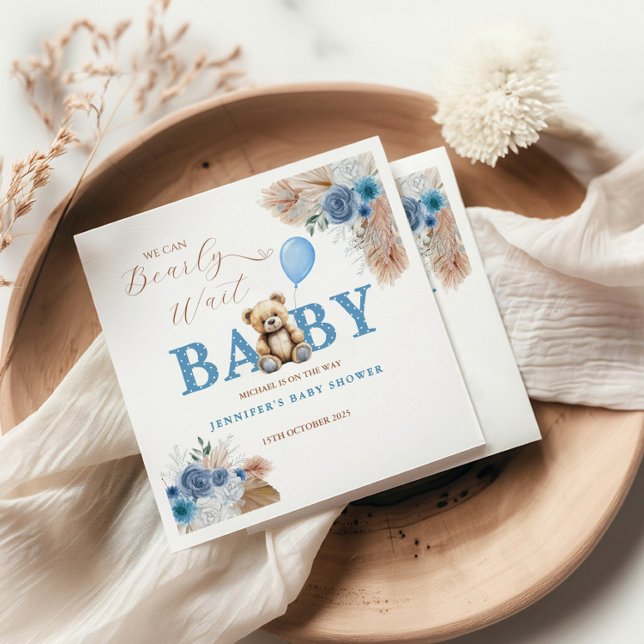 Rustic Blue Teddy Bear Baby Shower Florals Balloon Serviette (Von Creator hochgeladen)