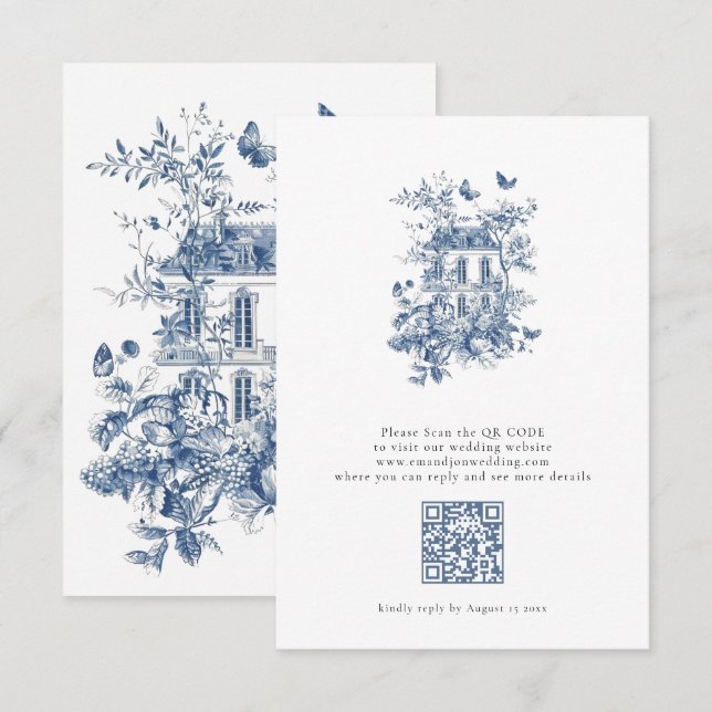 Rustic Blue Toile De Jouy QR Code Wedding RSVP Karte (Vorne/Hinten)
