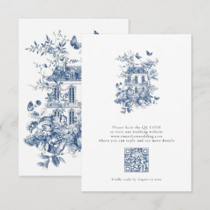 Rustic Blue Toile De Jouy QR Code Wedding RSVP Karte