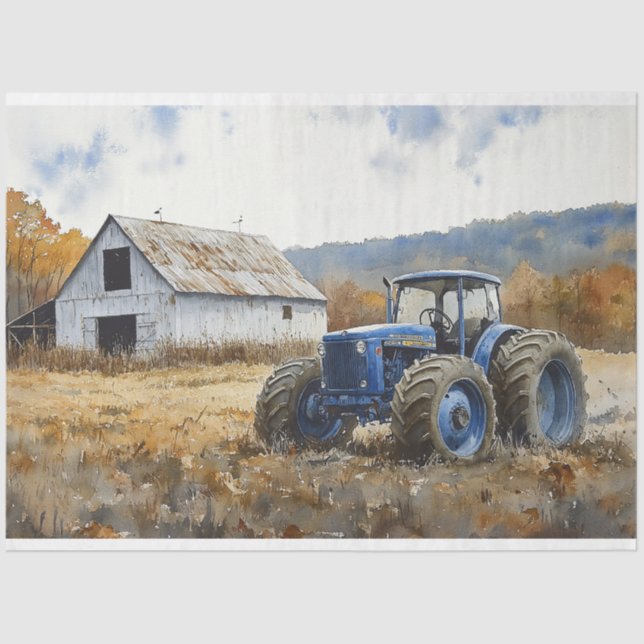 Rustic Blue Tractor White Barde Watercolor Seidenpapier (Vorderseite)