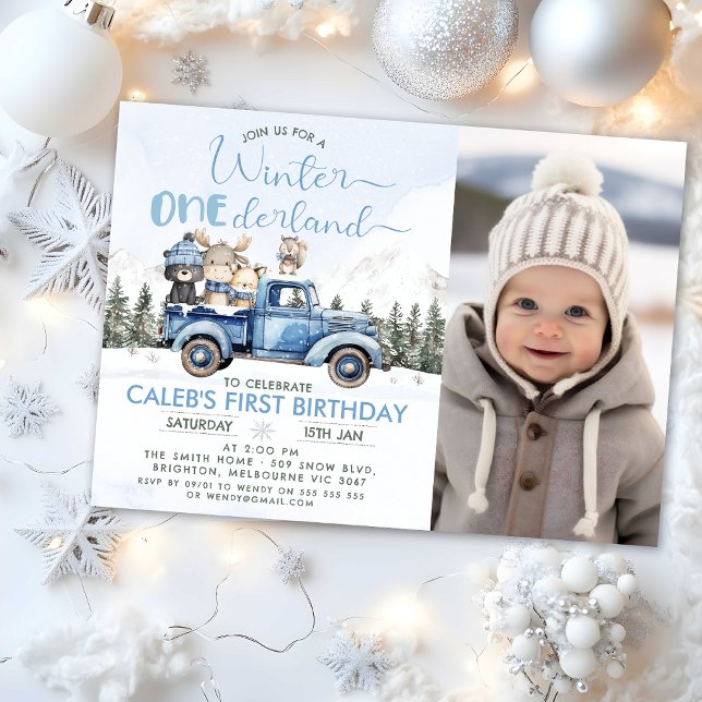 Rustic Blue Truck Winter Onederland 1st Birthday Einladung (Winter Onederland Birthday Invitation, Winter Onederland - 1st Birthday Invitation Template, Blue)