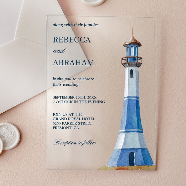Rustic Blue Watercolor Lighthouse Nautical Wedding Acryleinladungen (Von Creator hochgeladen)