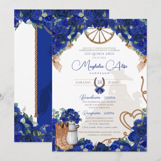 Rustic Blue Western Charro Quinceañera Invitation (Devant / Derrière)