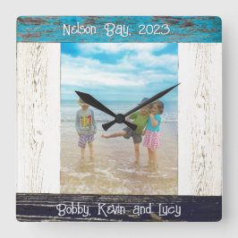 Rustic Blue White Beach Wood Photo Frame Quadratische Wanduhr
