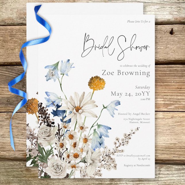 Rustic Blue Wildblumen & Daisies Brautparty Einladung (Rustic Blue Wildflowers & Daisies Bridal Shower Invitation)