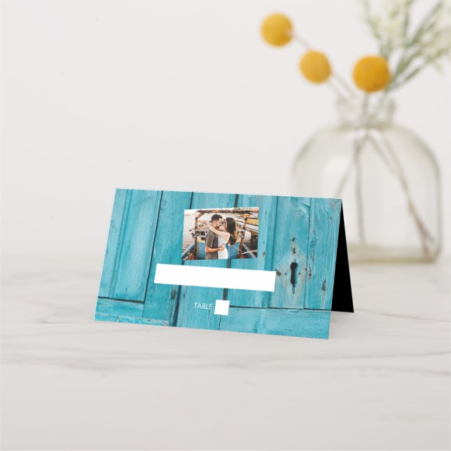 Rustic Blue Wood 1 Foto Wedding Platzkarte (Vorderseite)