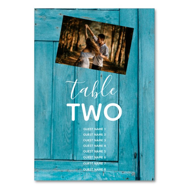 Rustic Blue Wood 2 Fotos Wedding Guest Names Tischnummer (Vorderseite)