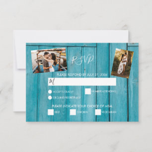 Rustic Blue Wood 3 Fotos Hochzeit RSVP Cards Karte