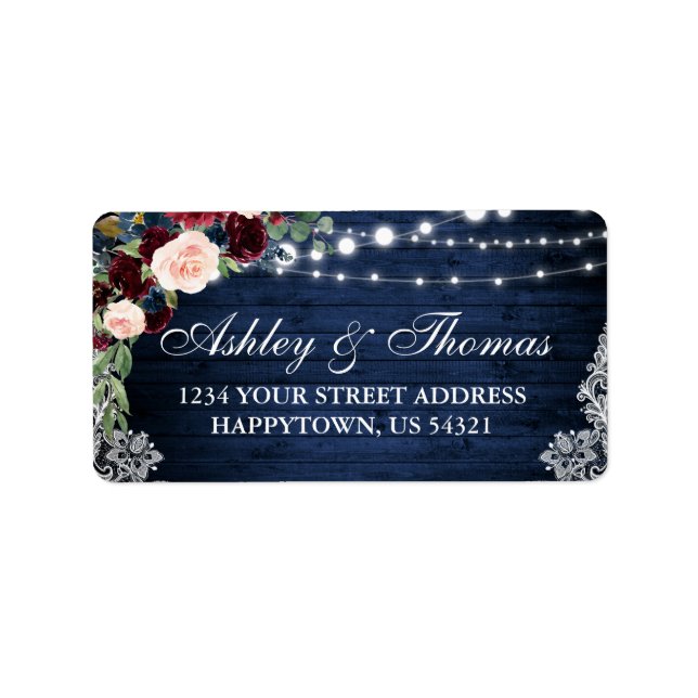 Rustic Blue Wood Burgundy Blue Floral Address Adressaufkleber (Vorne)