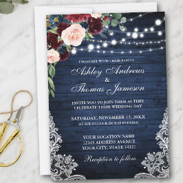 Rustic Blue Wood Burgundy Blue Floral Wedding Einladung