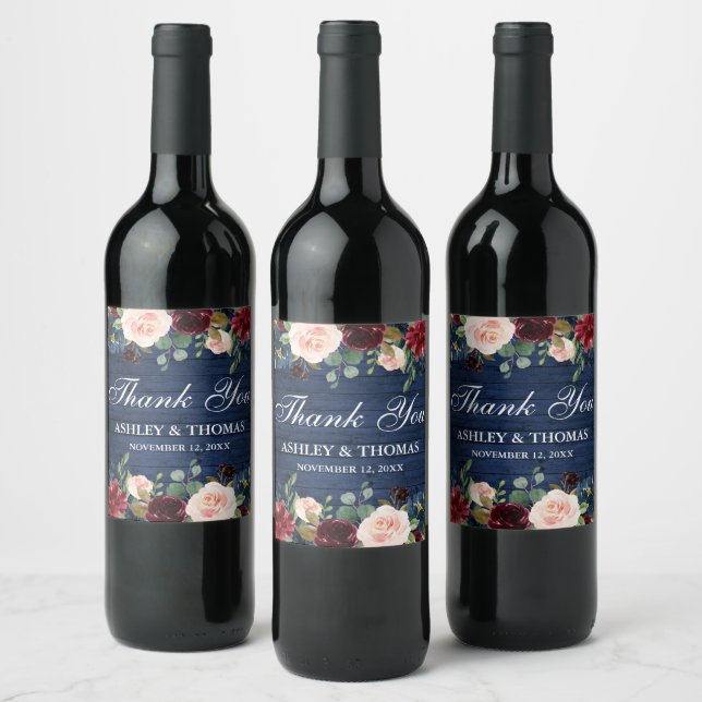 Rustic Blue Wood Burgundy Floral Wedding Vielen Da Weinetikett (Flaschen)