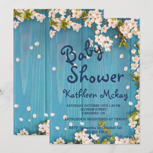 Rustic Blue wood Cherry Blossom Spring Baby Dusche Einladung (Vorne/Hinten)