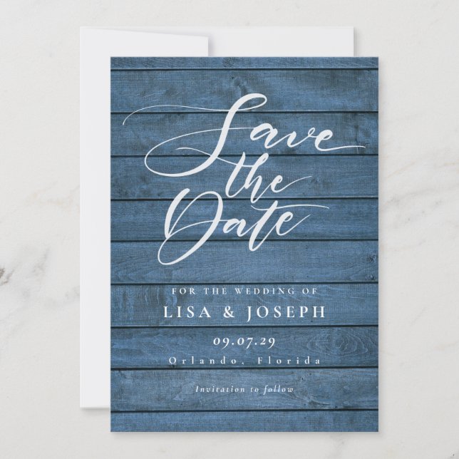 Rustic Blue Wood Elegante Script Wedding Save The Date (Vorderseite)