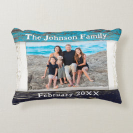 Rustic Blue Wood Family Name Photo Dekokissen