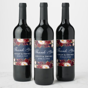 Rustic Blue Wood Floral Burgundy Wedding Vielen Da Weinetikett