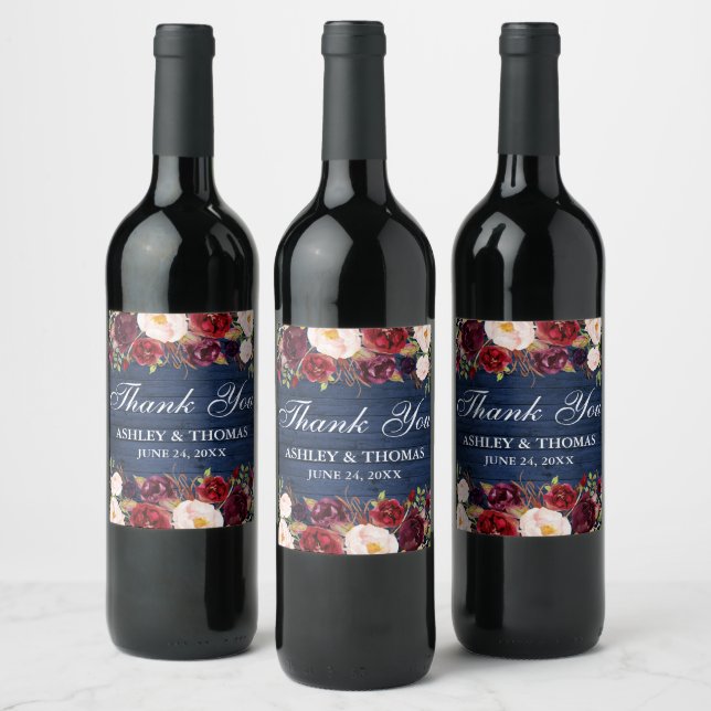 Rustic Blue Wood Floral Burgundy Wedding Vielen Da Weinetikett (Flaschen)