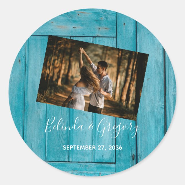 Rustic Blue Wood Foto Wedding Runder Aufkleber (Vorderseite)