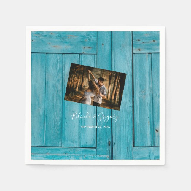 Rustic Blue Wood Foto Wedding Serviette (Vorderseite)