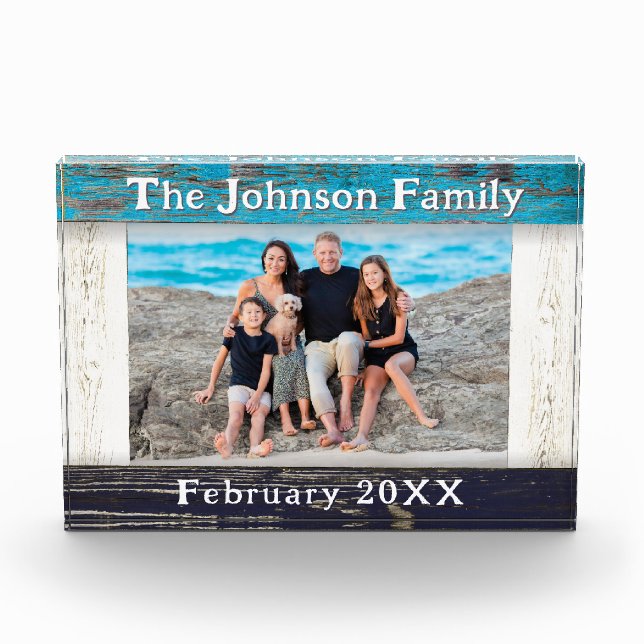 Rustic Blue Wood Frame Family Name  Fotoblock (Vorderseite)