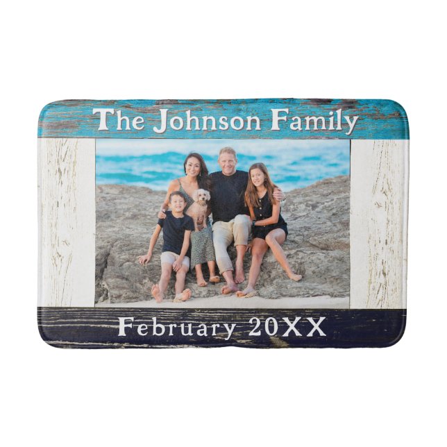 Rustic Blue Wood Frame Family Name Photo Badematte (Vorderseite)