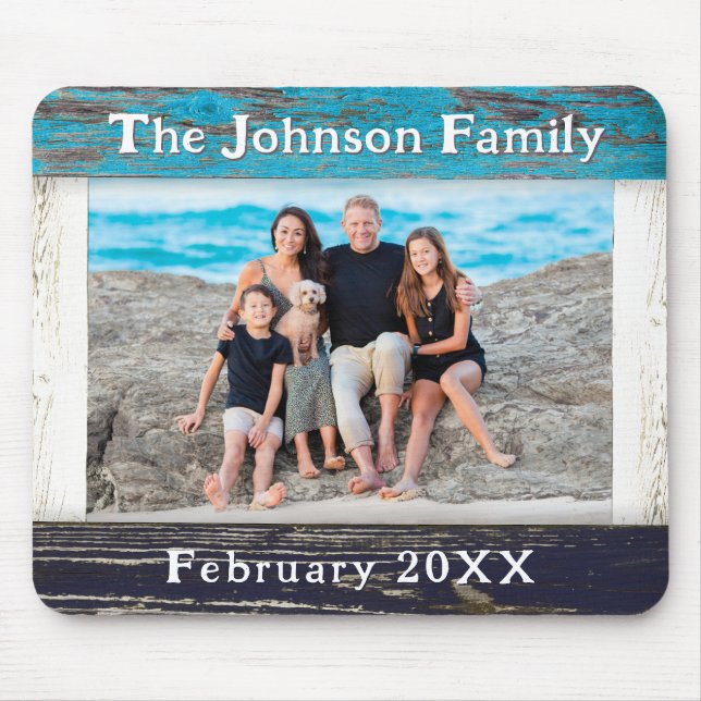 Rustic Blue Wood Frame Family Name Photo Mousepad (Vorne)