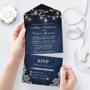 Rustic Blue Wood Jar Lights Lace Wedding All In One Einladung